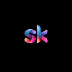 Initial lowercase letter sk, curve rounded logo, gradient vibrant colorful glossy colors on black background