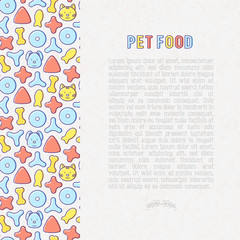 Pet food concept with thin line icons of dry food in different shapes and cute dog and cat. Modern vector illustration.