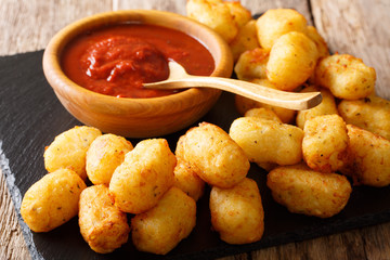 Deep-fried Potato Tater Tots and ketchup close-up. horizontal