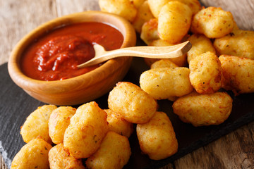 close up of rustic golden potato tater tots and ketchup. Horizontal