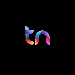 Initial lowercase letter tn, curve rounded logo, gradient vibrant colorful glossy colors on black background