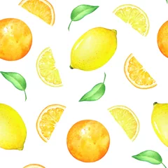 Papier peint Citrons Motif harmonieux d& 39 aquarelle avec des fruits au citron, citron vert et orange sur fond blanc.