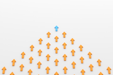 Leadership concept, blue leader arrow, standing out from the crowd of orange arrows. 3D Rendering.