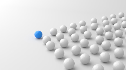 Leadership concept, blue leader ball, standing out from the crowd of white balls. 3D rendering