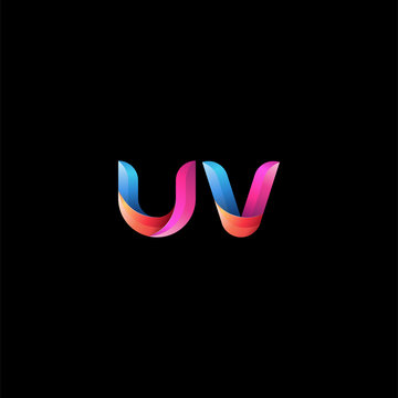 Initial lowercase letter uv, curve rounded logo, gradient vibrant colorful glossy colors on black background