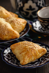 Puff pastries with meat (samosa) - traditional uzbek and indian pasrty. 