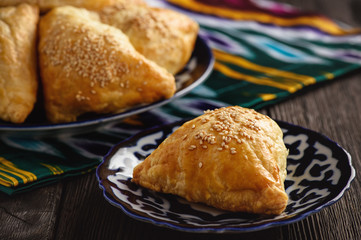 Puff pastries with meat (samosa) - traditional uzbek and indian pasrty. 