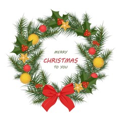 Fototapeta na wymiar Christmas wreath card Vector illustration background. Happy holidays festive designs