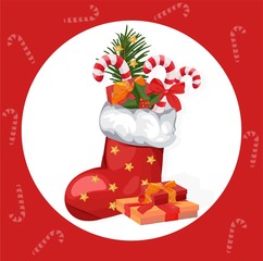 Christmas socks Vector. Happy holidays icon red santa sock and present