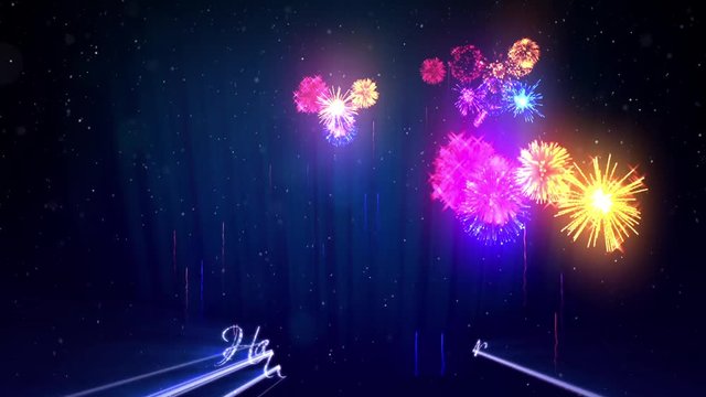 Beautiful multi colored fireworks with laser show on winter night sky in eve New Year. Rich fireworks as holidays background for New Year or Christmas. 3d animation pyrotechnic light show with snow.20