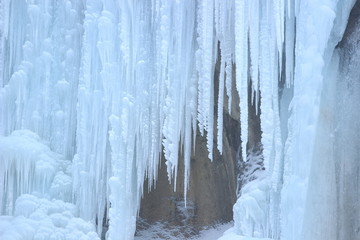 Frozen waterfalls in National park Plitvice lakes, Croatia, winter scene