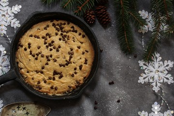 Overhead view of Homemade Skillet cookie / Xmas dessert