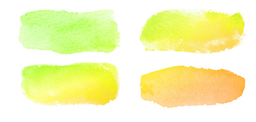 Set of hand painted watercolor textured backgrounds isolated on white. Collection of green orange brush strokes.