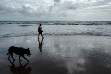 Woman and dog is walking on sea beach. Sky reflected on wet sand. Film color toned