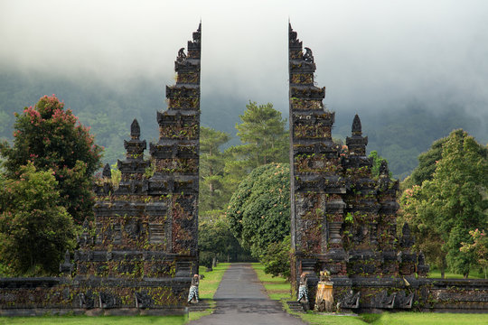 Traditional big gate entrance to temple. Bali Hindu temple. Bali island, Indonesia