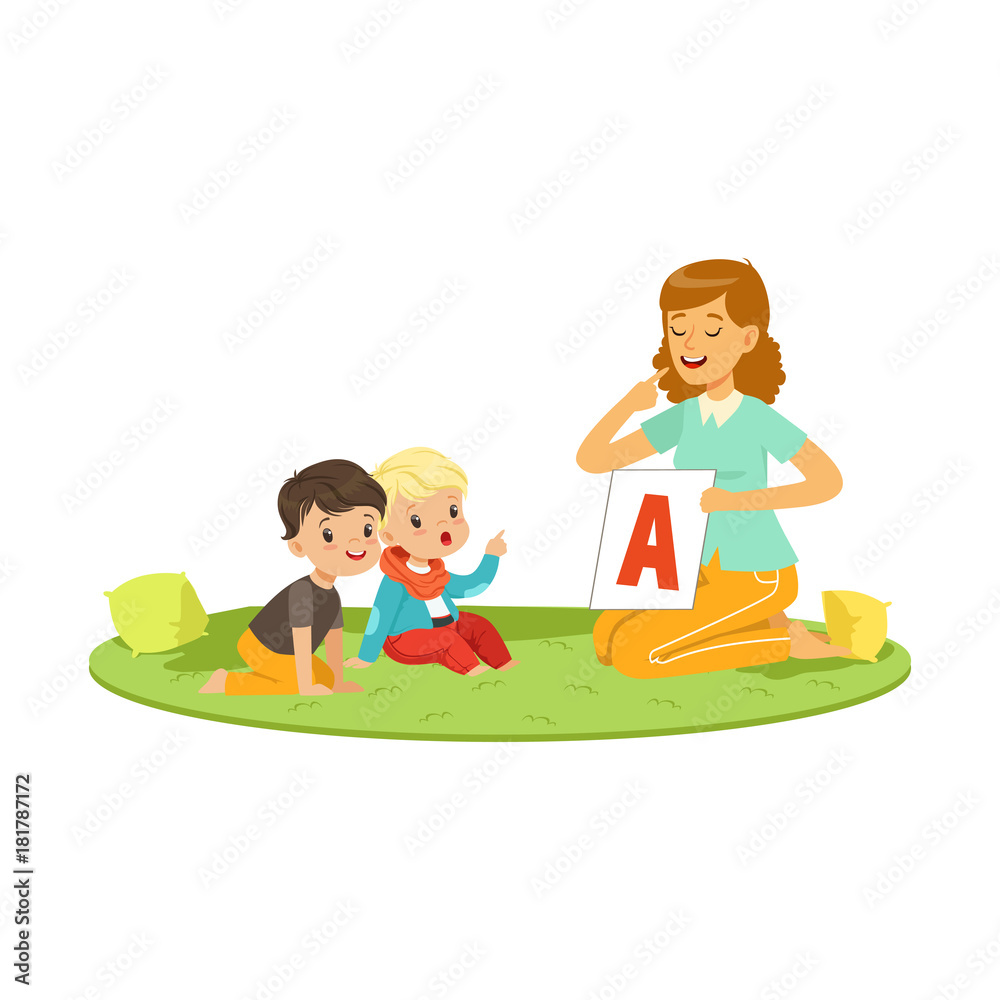 Wall mural Woman with toddlers sitting on round carpet and playing in educational game for speech development. Flat people characters