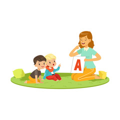 Woman with toddlers sitting on round carpet and playing in educational game for speech development. Flat people characters