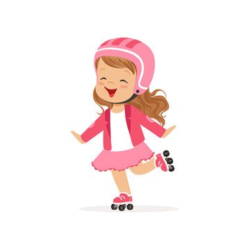 Cheerful little girl in pink wear and protection helmet skate on rollers. Flat vector kid character