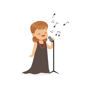 Flat vector illustration of singing little girl with retro microphone isolated on white. Kid dreaming to become famous opera singer in future