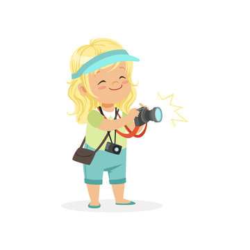 Cartoon flat preschool girl standing with digital photo camera in hands. Photographer or reporter profession concept