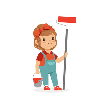 Flat vector illustration of cute little girl standing with bucket and paint roller in hands isolated on white. Child want to be painter. Costume for career day