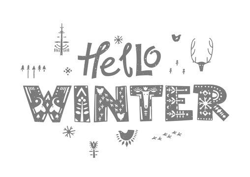 Vector lettering "Hello Winter." Gray letters with folk patterns and stylized animals. For posters, web templates.