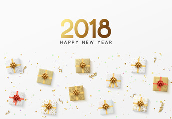 Fototapeta na wymiar Happy New Year 2018 greeting card. Xmas holiday background, gift box with gold tinsel, bright glitter confetti and golden serpentine.