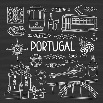 Portugal illustration vector set. Hand drawn travel symbols of Portugal, Lisbon and Porto