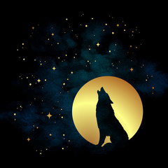 Naklejka premium Sylwetka wilka wycie na ilustracji wektorowych księżyc w pełni. Pogański totem, wiccanowska sztuka chowańca