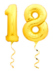 Golden number 18 eighteen made of inflatable balloon with ribbon isolated on white © Dmitry Zimin