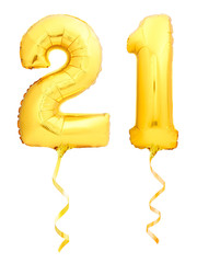 Golden number 21 twenty one made of inflatable balloon with ribbon isolated on white