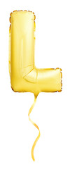 Golden letter L made of inflatable balloon with ribbon isolated on white