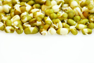 fresh green peas Vigna radiata with sprouts on a white background.