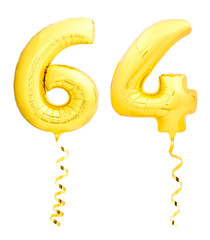 Golden number fifty four 54 made of inflatable balloon with ribbon on white