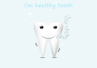 Happy tooth singing with musical notes, healthy dental concept vector illustration