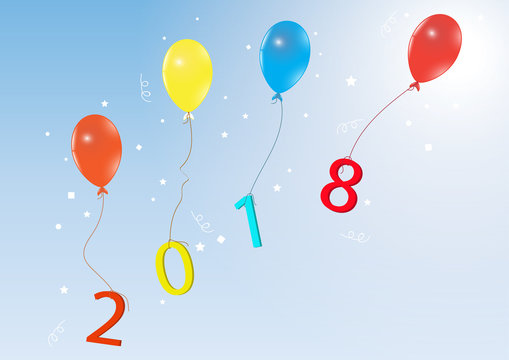 Flying colorful balloons with number 2018 on blue background, happy new year concept