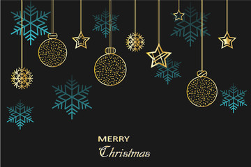 Christmas card, golden holiday elements on black background