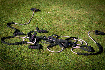 Fitness Ropes in a pile on the grass