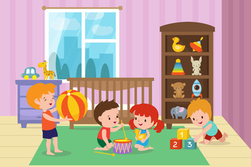 Children playing with toys in playroom of kindergarten vector illustration