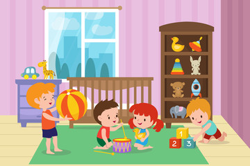 Fototapeta premium Children playing with toys in playroom of kindergarten vector illustration