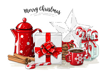Christmas still-life, white gift box wit red ribbon, red tea pot, cookies, glass jar with candy canes, cinnamon sticks and cup of coffee on white background, illustration