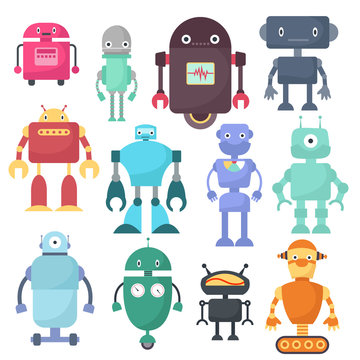 Cute robots, cyborg machine vector science characters