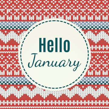 Hello January lettering on knitted background