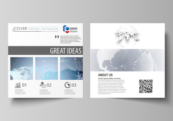 The minimalistic vector illustration of the editable layout of two square format covers design templates for brochure, flyer, booklet. Technology concept. Molecule structure, connecting background.