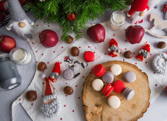 delicious macaroni lie on the Christmas table waiting for guests, gray, green, milky
