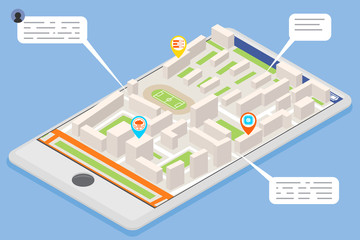 Obraz premium Mobile smart phone landmark showplace map pointer mark isometric city street road map urban place landmark town 3d flat design vector illustration