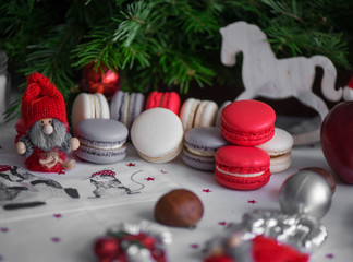 delicious macaroni lie on the Christmas table waiting for guests, gray, green, milky