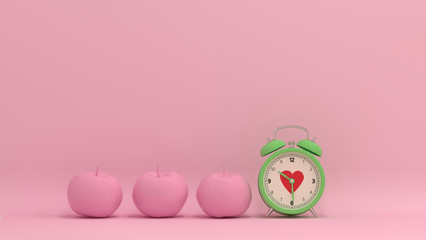 Clock and apple concept on pastel pink background for copy space minimal fruit and object concept pastel colorful.