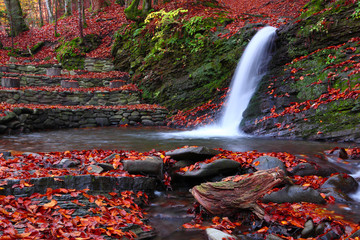 Fototapeta premium Little waterfall in the beech forest in the fall.