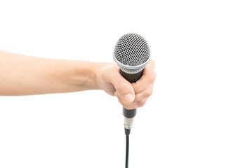 Obraz premium Hand with microphone isolated on white background